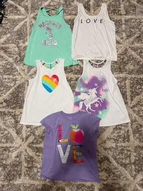 Girls XL (14/16) Tank & Tee Set - White, Mint, Purple Graphic Tops